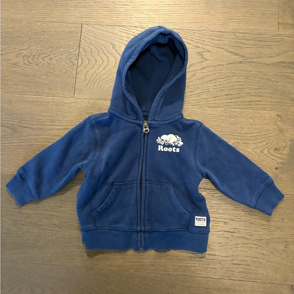 Roots blue hoodie 12-18M EUC worn twice retail $69